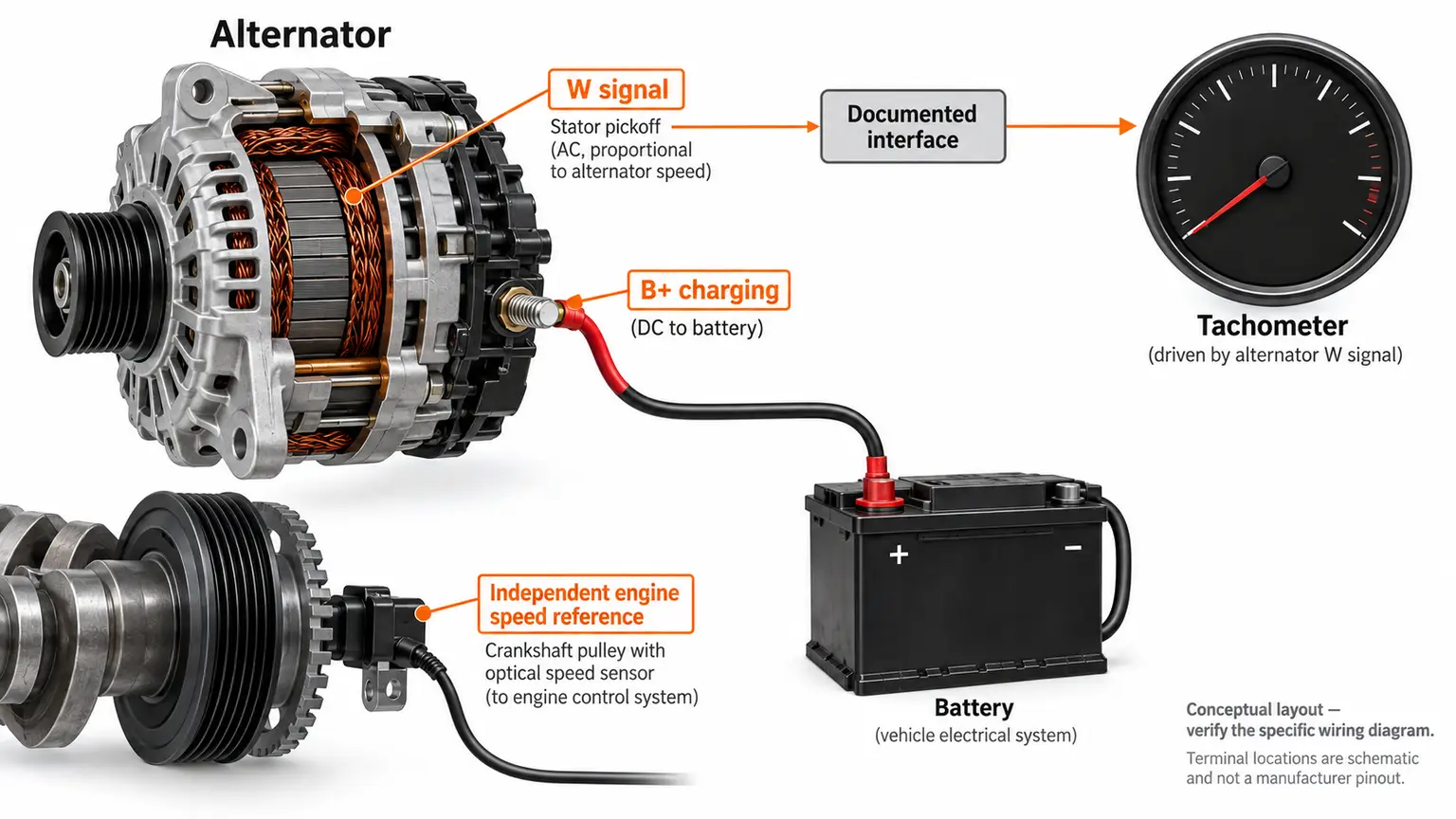 Conceptual alternator W signal path to an interface and tachometer, separate from battery charging and an independent engine speed reference