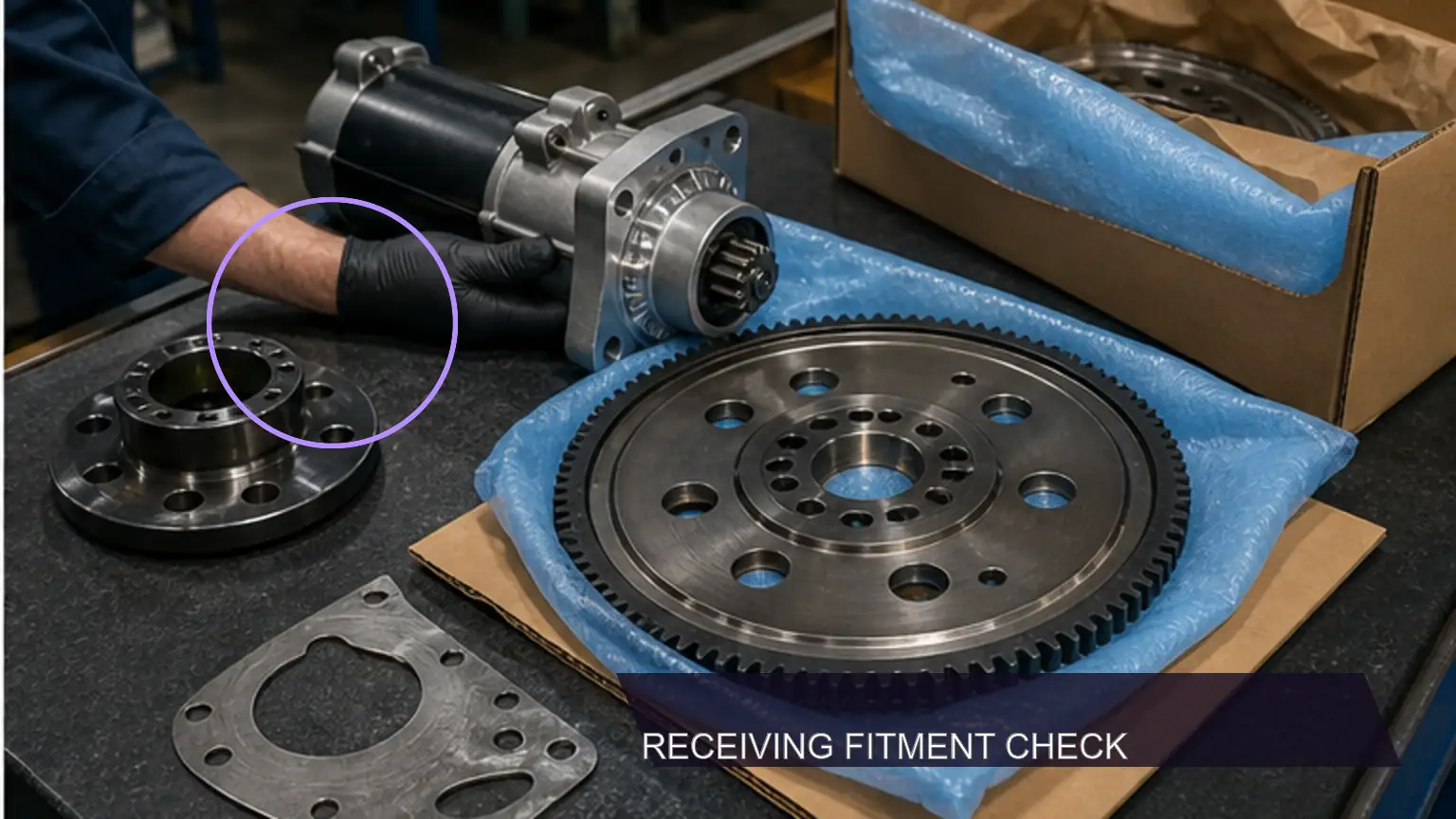 Starter nose and flexplate geometry checked during heavy-duty receiving inspection