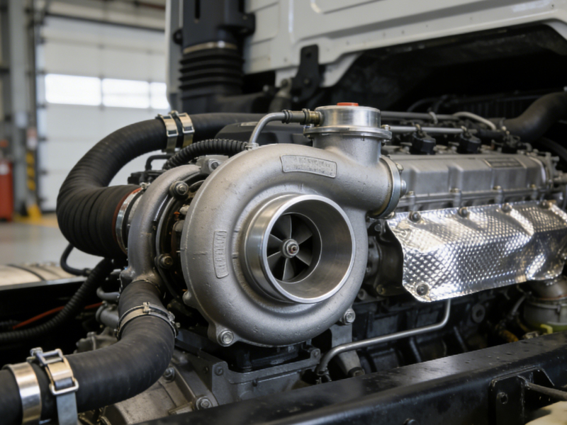 Turbocharger installed in heavy-duty diesel engine bay