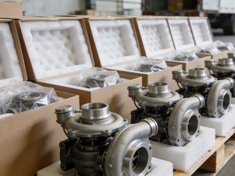 Turbochargers packed for export in clean warehouse