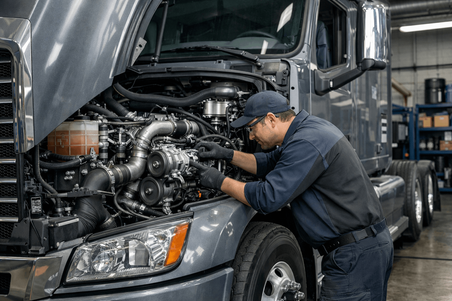 Heavy-duty truck AC compressor inspection in workshop, aftermarket service scene for B2B fleet parts buyers