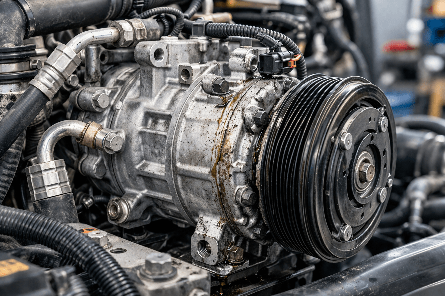 Close-up of heavy-duty truck AC compressor clutch and pulley with light oil residue, aftermarket inspection image for B2B buyers