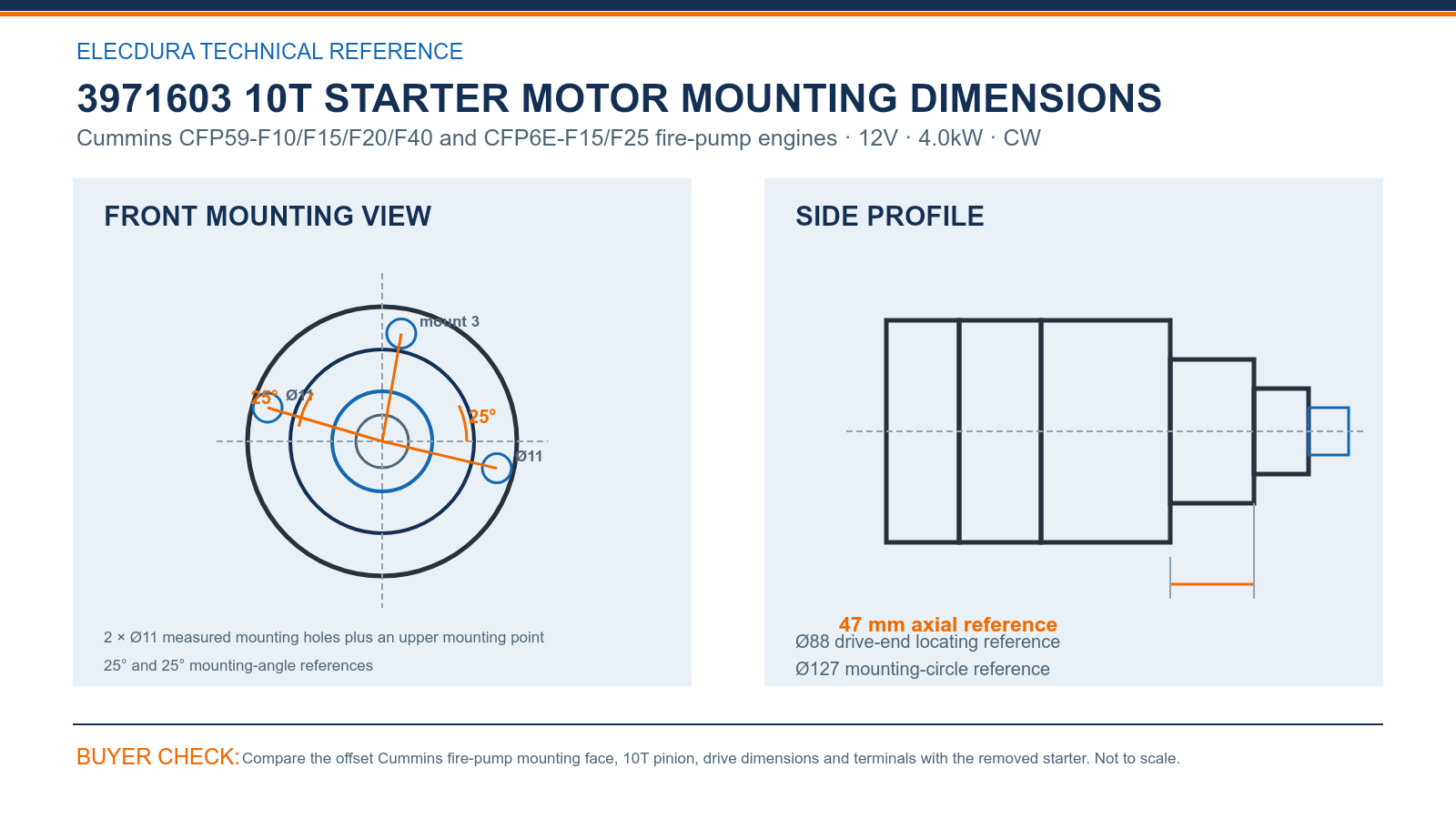 3971603 Cummins 12V 4.0kW 10T starter mounting dimensions