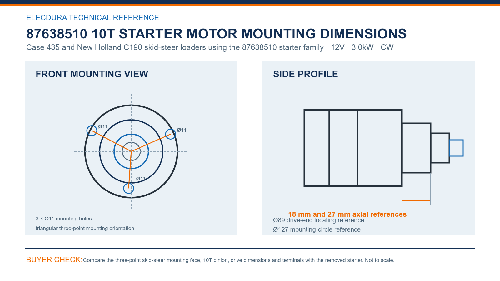 87638510 Case 12V 3.0kW 10T starter mounting dimensions