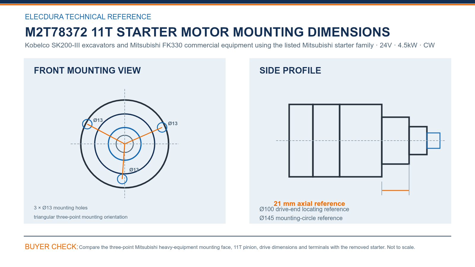 M2T78372 Mitsubishi 24V 4.5kW 11T starter mounting dimensions