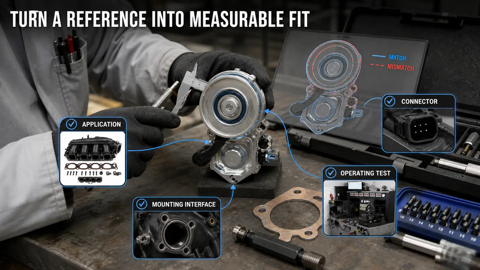 Gloved inspection translating a reference number into measurable application, connector and mounting checks