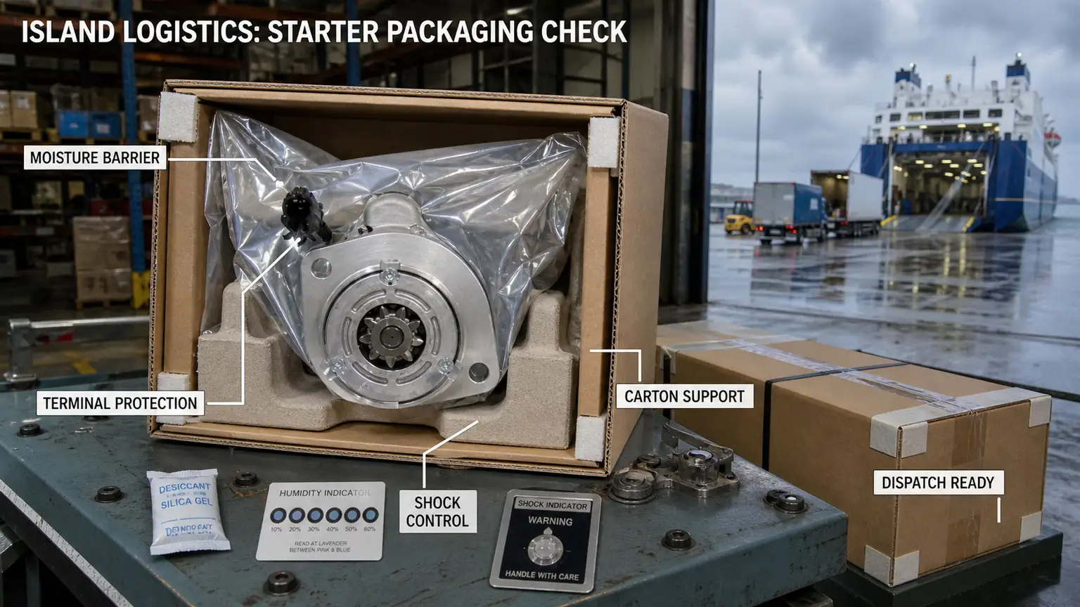 Starter motor island-logistics packaging check with moisture barrier, terminal protection, carton support and shock control