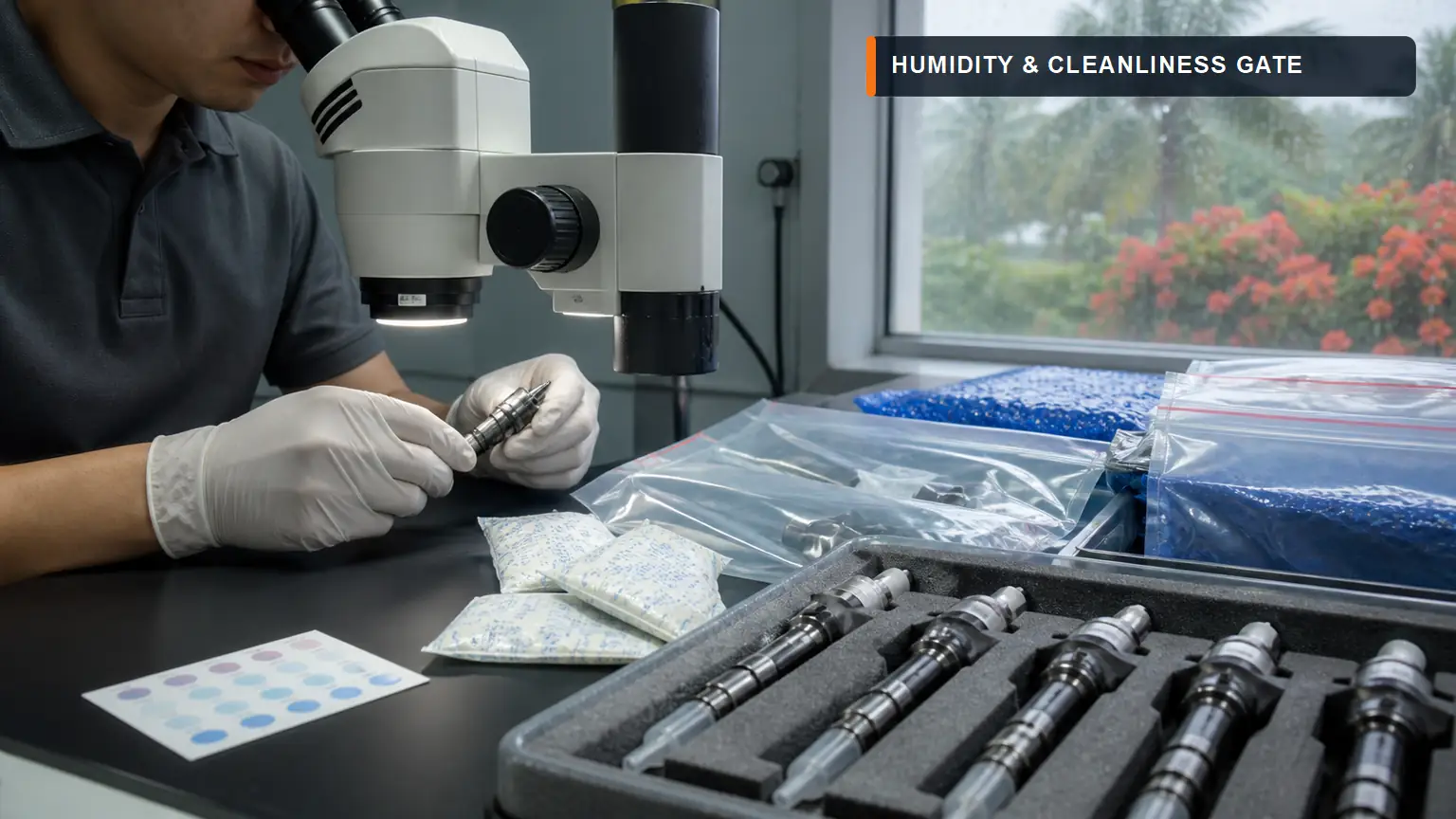 Diesel injector nozzle cleanliness inspection with microscope, sealed barrier bags, desiccant and humidity indicators