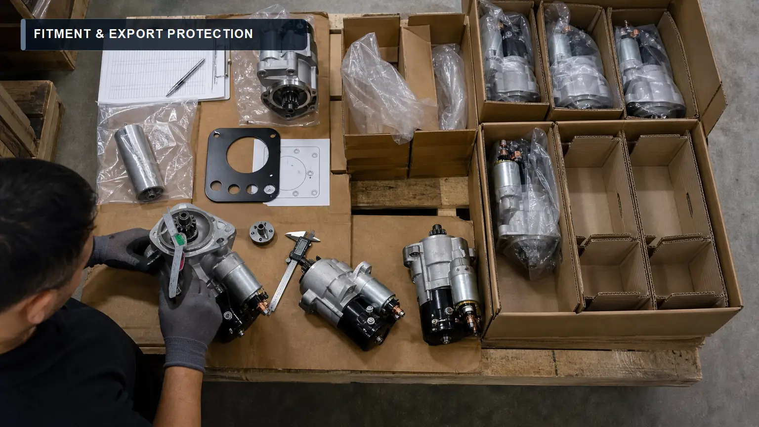 Incoming starter motors checked for flange pattern, pinion fitment, terminal protection and export packaging