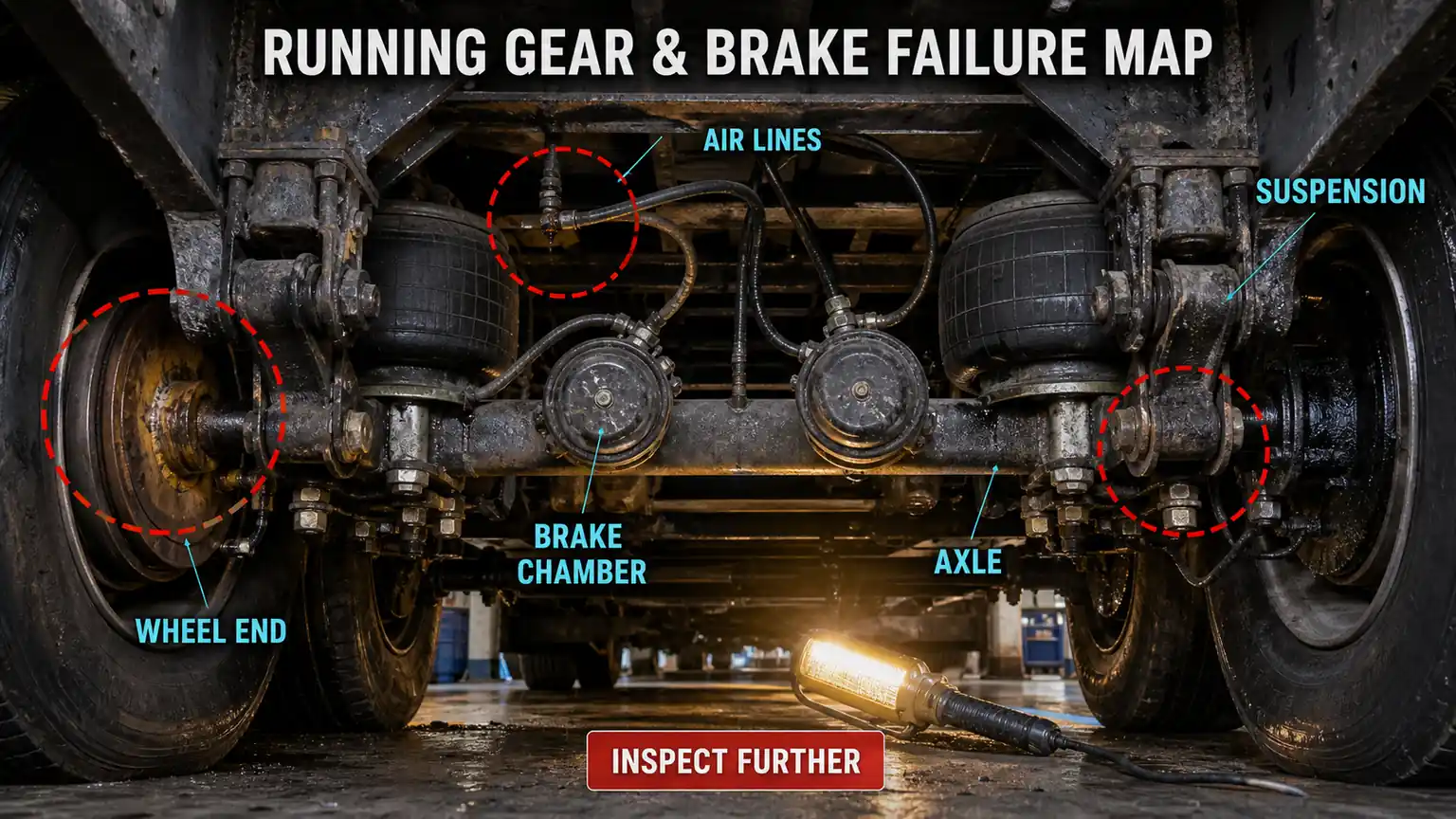 Real semi-trailer undercarriage failure map covering wheel ends, air lines, brake chambers, axles and suspension