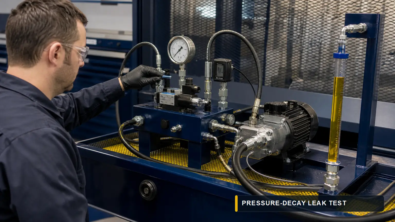 Hydraulic solenoid valve on a pressure-decay rig with gauge, transducer, isolation valve and return-flow tube