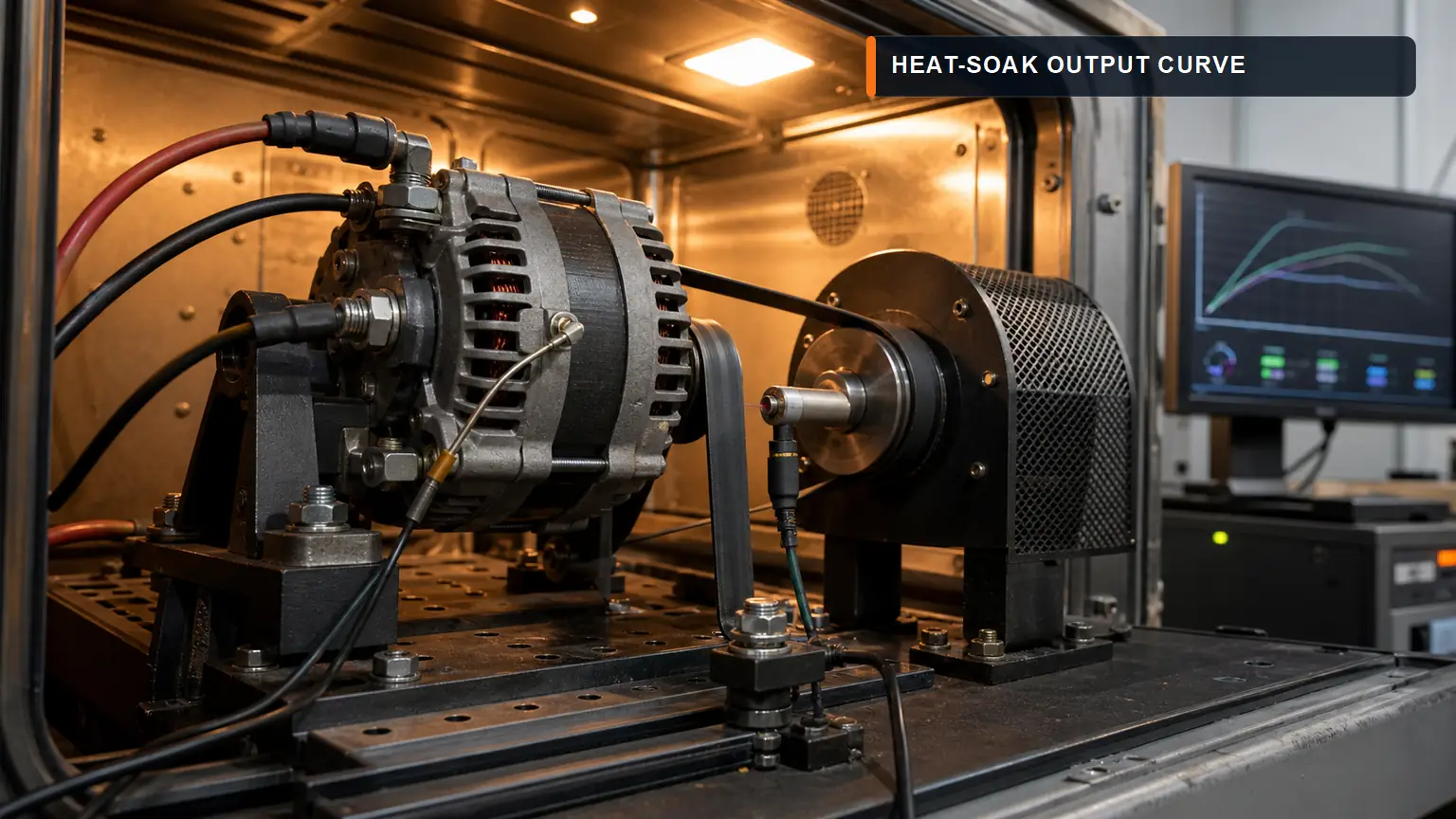 Heavy-duty alternator in an environmental chamber with thermocouple and RPM sensor for heat-soak output testing