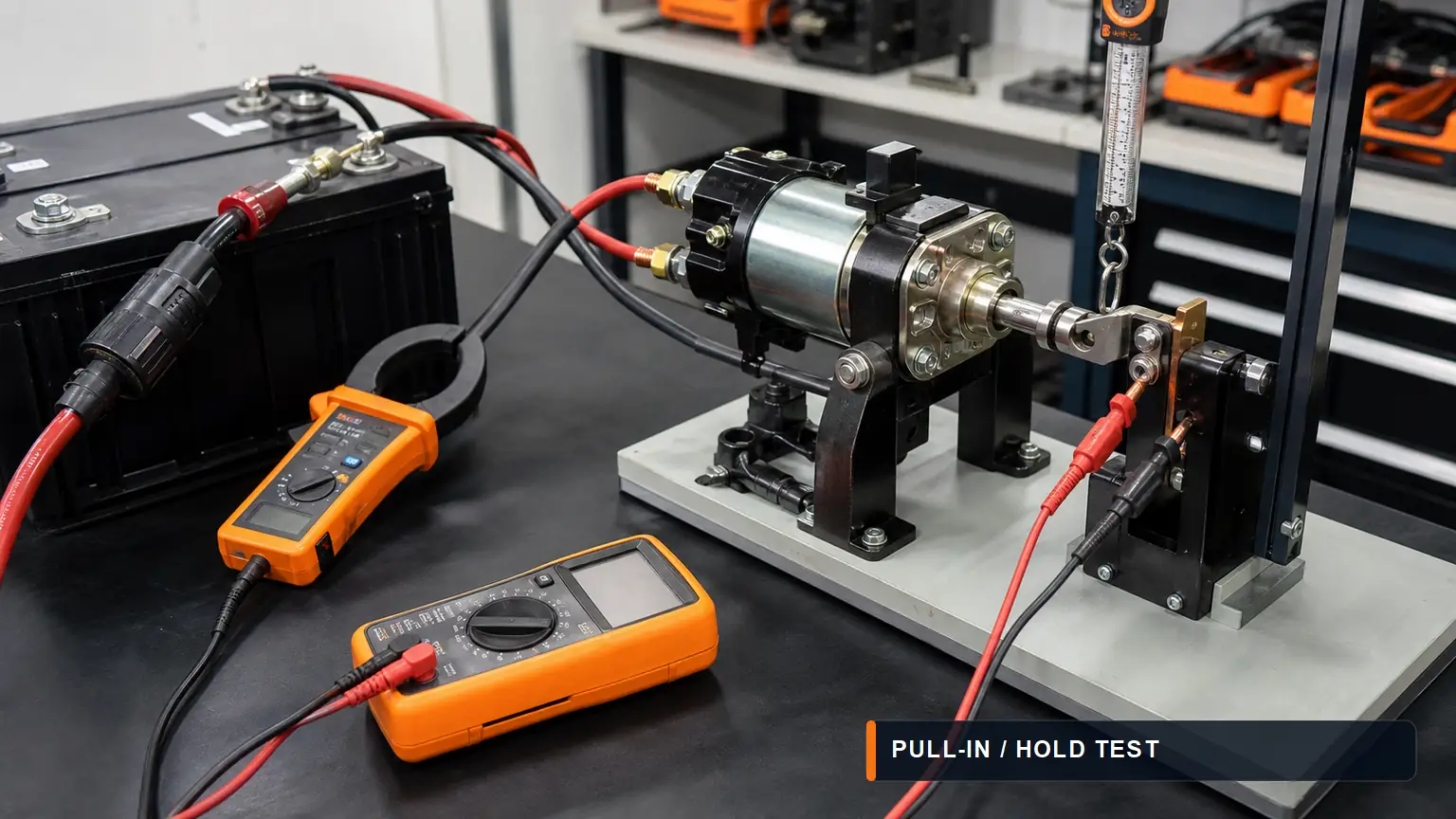 Heavy-duty starter solenoid on a fused electrical fixture for pull-in current, contact voltage and plunger-travel testing