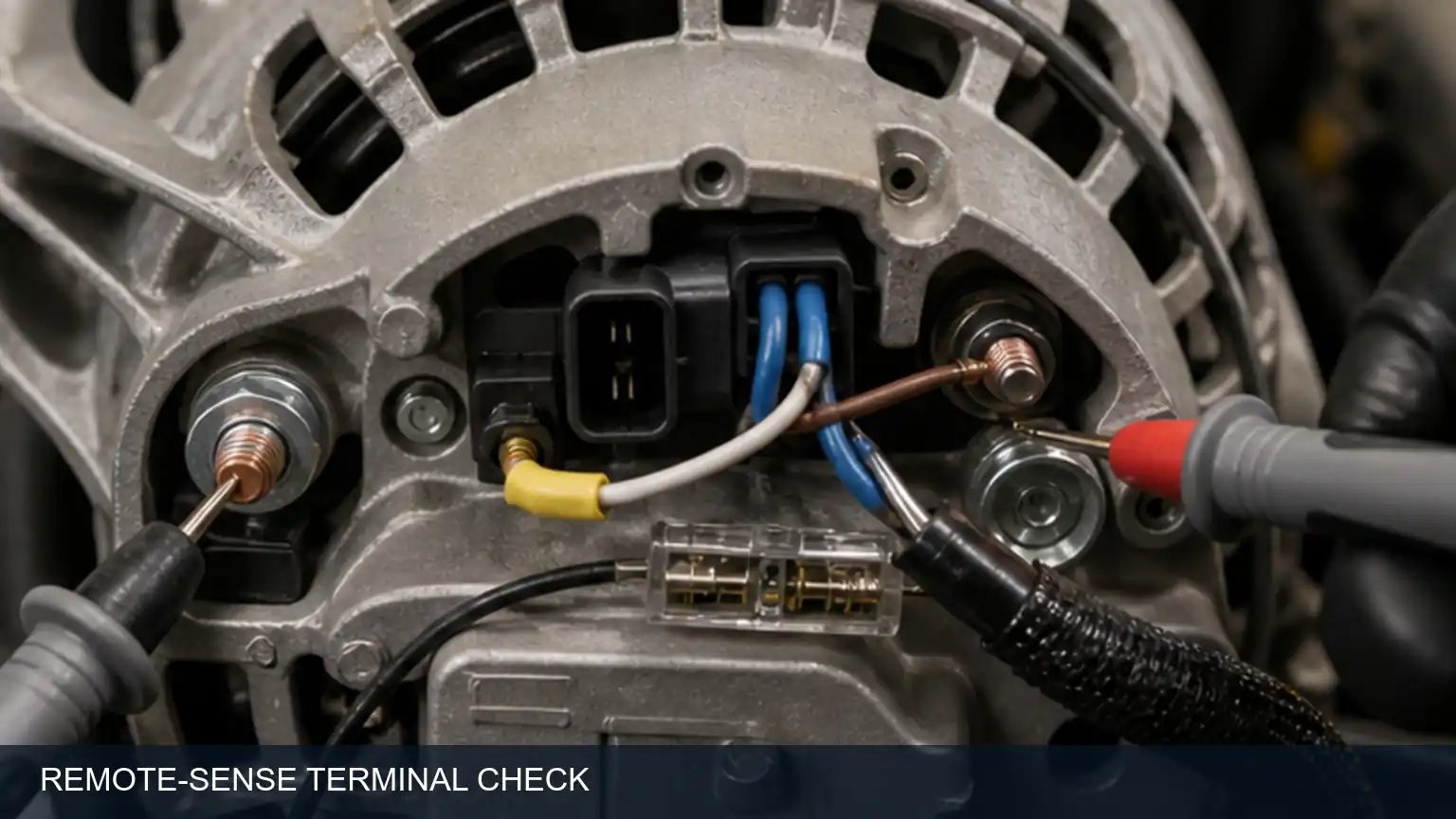 Remote-sense alternator terminal and fuse-circuit check at the battery and regulator connection