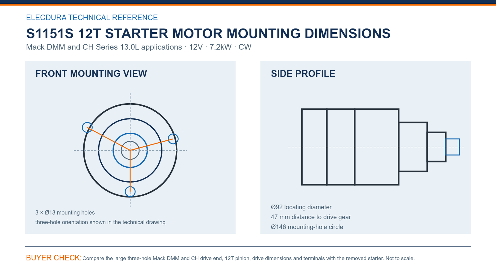 S1151S Mack DMM CH 12V 7.2kW 12T starter mounting dimensions