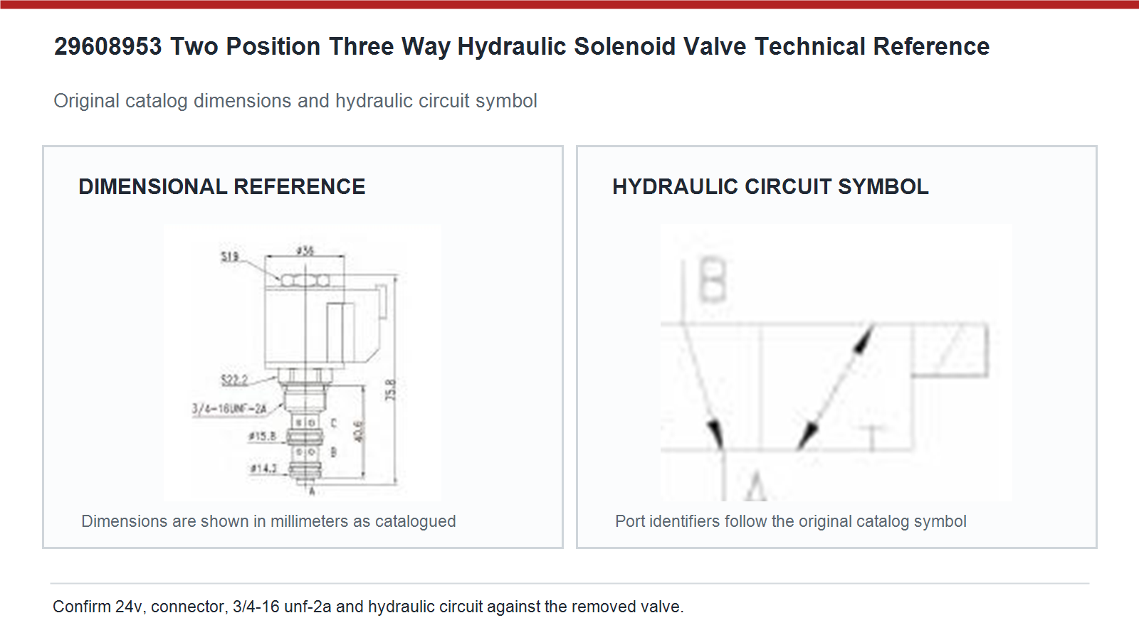 29608953 JCB two position three way hydraulic solenoid valve dimensions and hydraulic circuit diagram