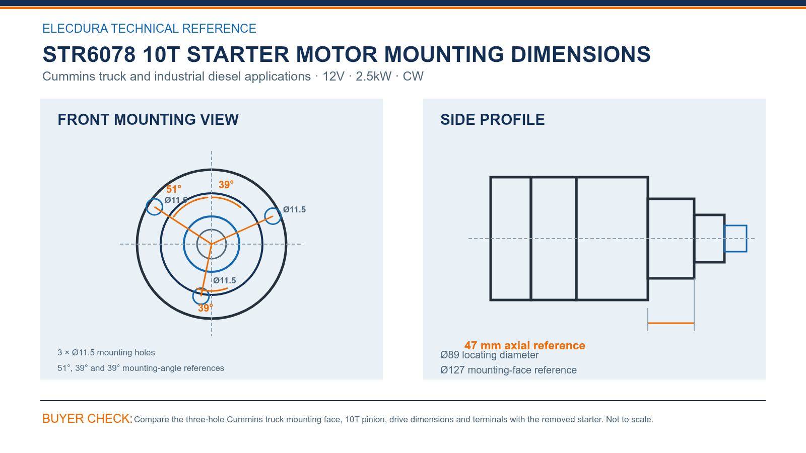 STR6078 Cummins 12V 2.5kW 10T starter mounting dimensions