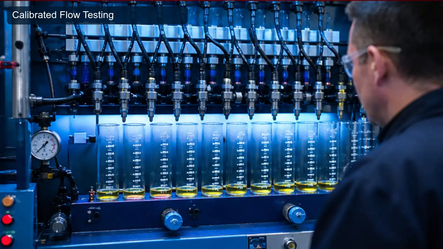 Calibrated Flow Testing for Top 20 Heavy-Duty Fuel Injector Manufacturers in Spain, shown as a photorealistic heavy-duty technical inspection view