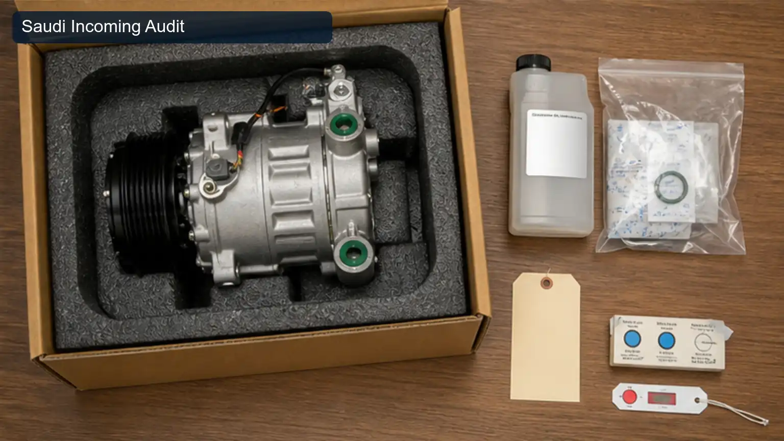 Saudi Incoming Audit for Top 20 Heavy-Duty A/C Compressor Manufacturers in Saudi Arabia, shown as a photorealistic heavy-duty technical inspection view