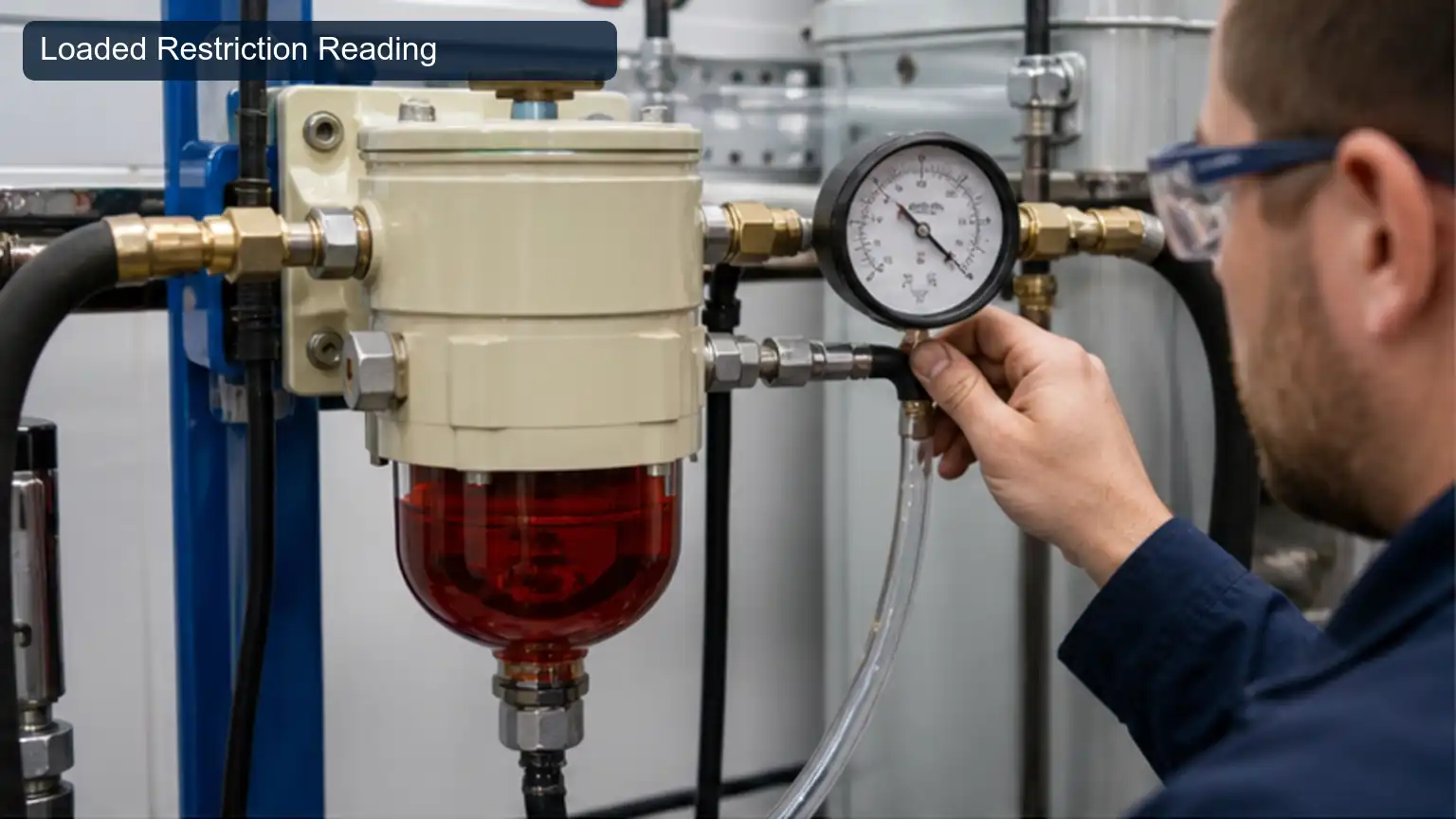 Loaded Restriction Reading for Heavy-Duty Fuel Filter Restriction and Priming-System Diagnosis, shown as a photorealistic heavy-duty technical inspection view