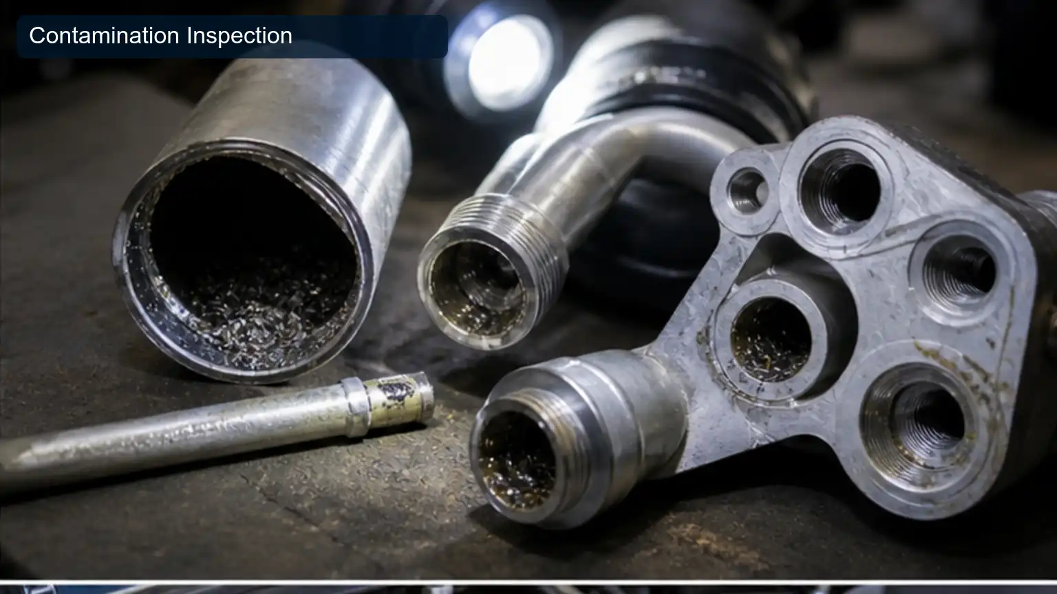 Contamination Inspection for Heavy-Duty A/C Compressor Oil Balancing After Component Replacement, shown as a photorealistic heavy-duty technical inspection view