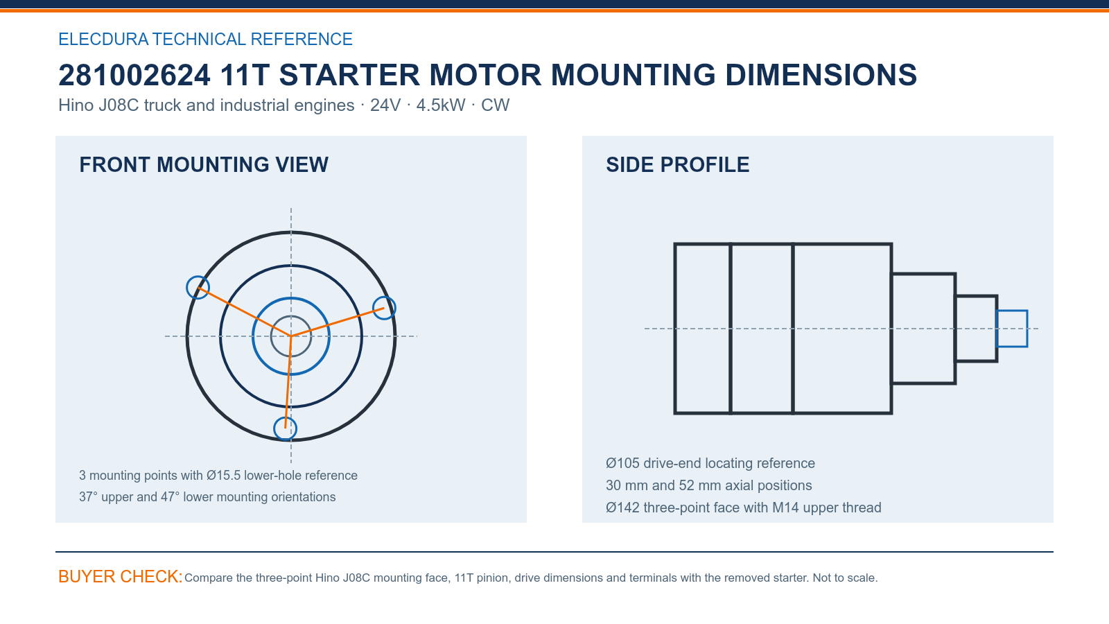 281002624 Hino J08C 24V 4.5kW 11T starter mounting dimensions