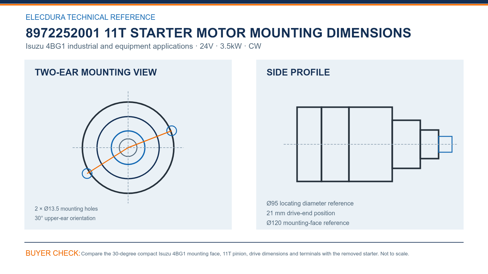 8972252001 Isuzu 4BG1 24V 3.5kW 11T starter mounting dimensions