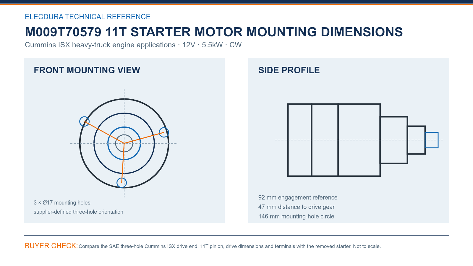 M009T70579 Cummins ISX 12V 5.5kW 11T starter mounting dimensions