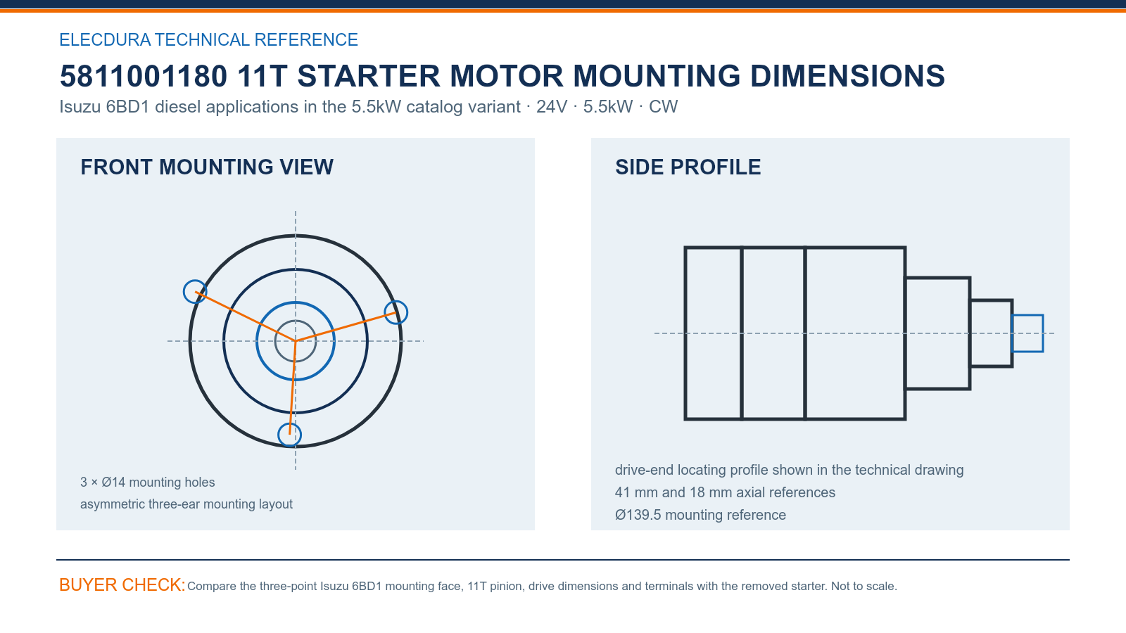 5811001180 Isuzu 6BD1 24V 5.5kW 11T starter mounting dimensions