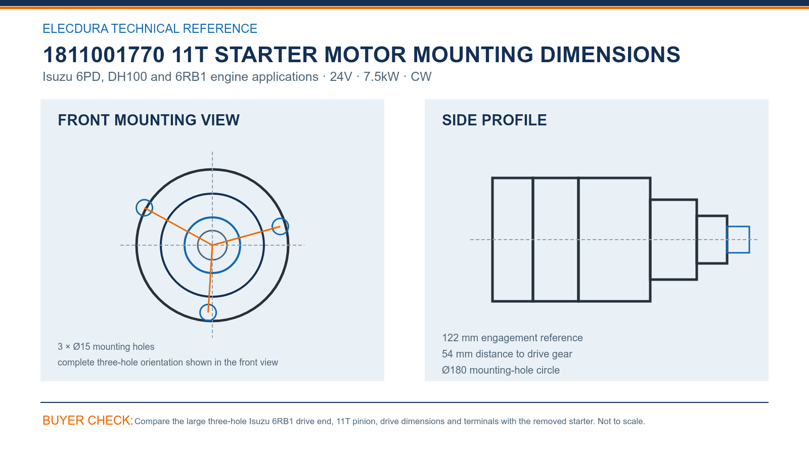 1811001770 Isuzu 6RB1 DH100 24V 7.5kW 11T starter mounting dimensions