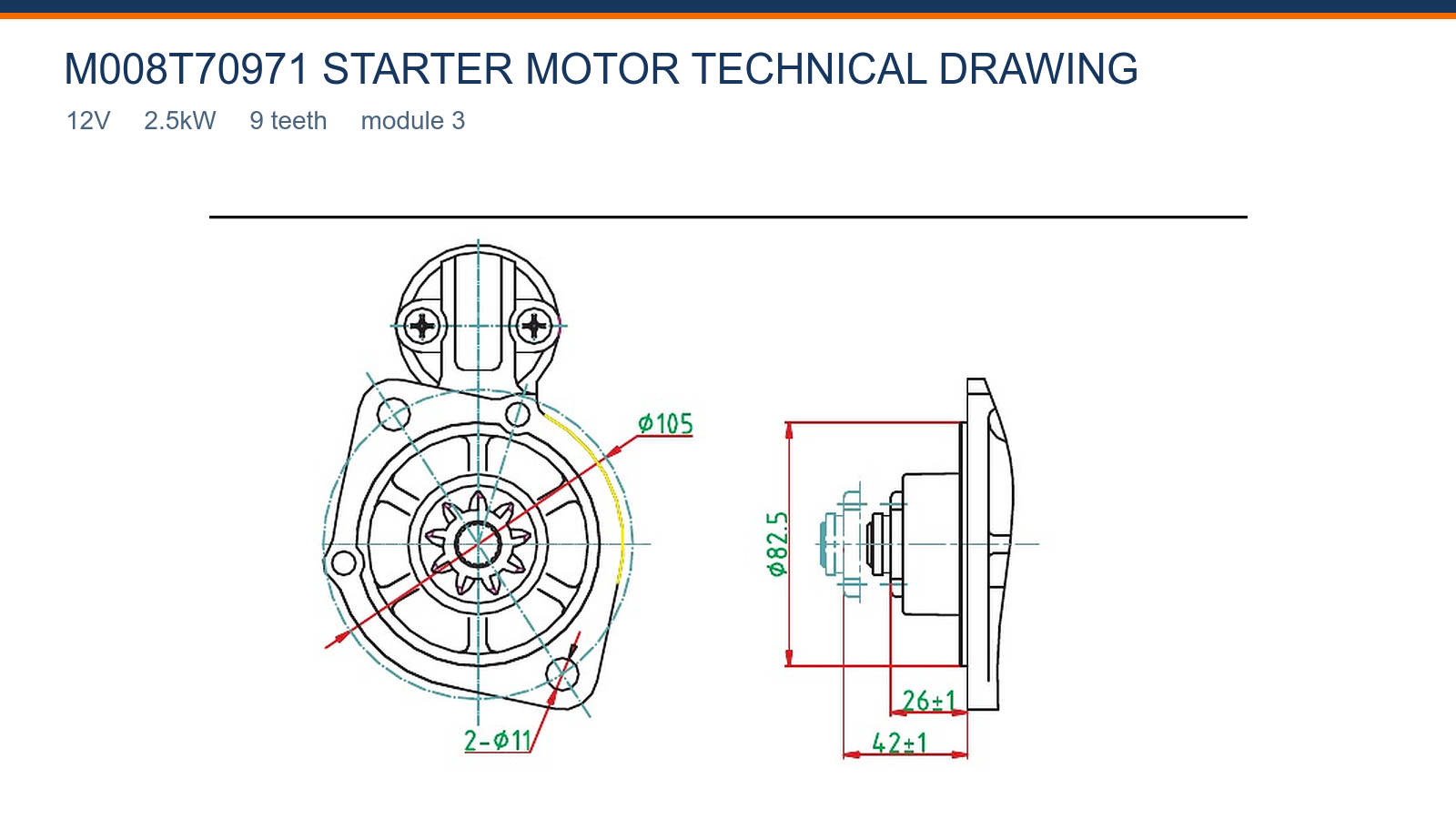 M008T70971 Kubota starter motor technical drawing 12V 2.5kW 9T