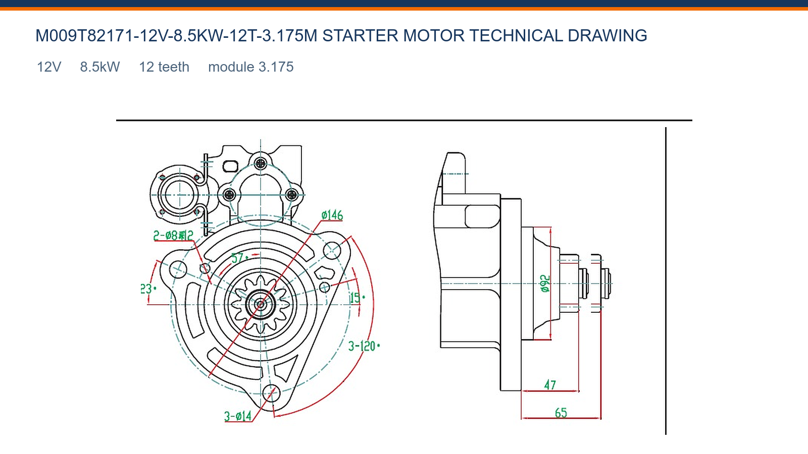 M009T82171-12V-8.5KW-12T-3.175M Volvo starter motor technical drawing 12V 8.5kW 12T