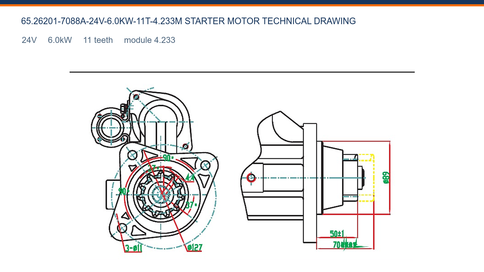 65.26201-7088A-24V-6.0KW-11T-4.233M Daewoo start&eacute;r technick&yacute; v&yacute;kres 24V 6.0kW 11T