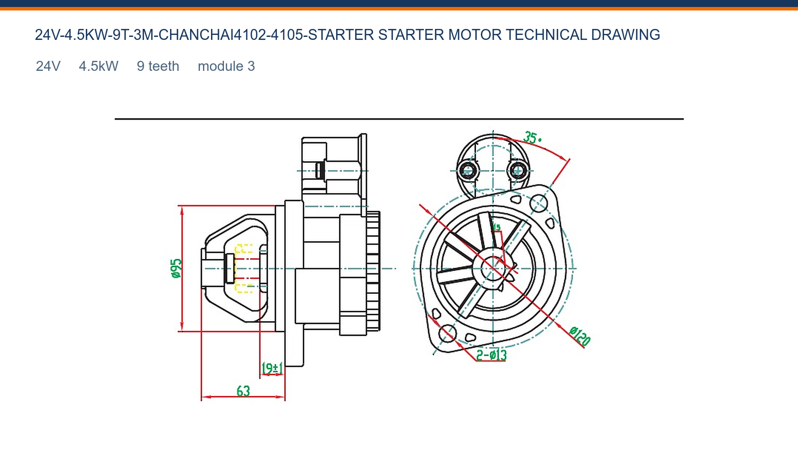 CHANCHAI 4102 24V 4.5kW 9T Changchai starter motor technical drawing 24V 4.5kW 9T