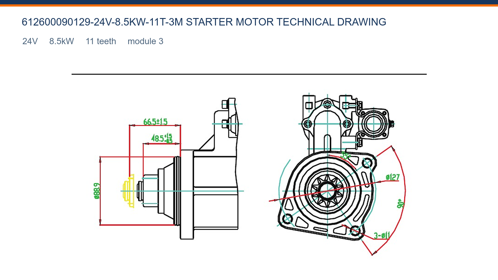 612600090129-24V-8.5KW-11T-3M Weichai starter motor technical drawing 24V 8.5kW 11T