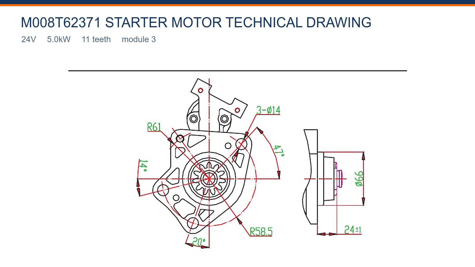 M008T62371 Mitsubishi startmotor teknisk ritning 24V 5,0kW 11T