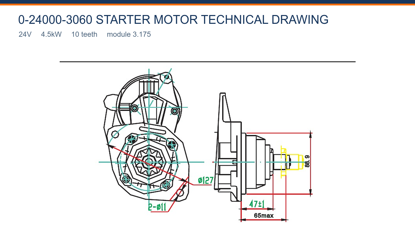 0-24000-3060 Dessin technique du d&eacute;marreur Komatsu 24V 4,5kW 10T