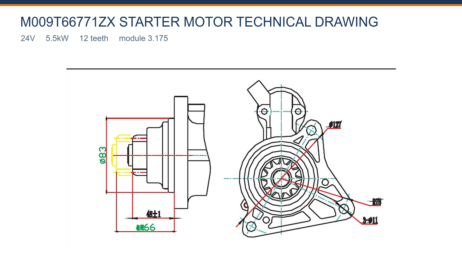 M009T66771ZX Volvo starter motor technical drawing 24V 5.5kW 12T