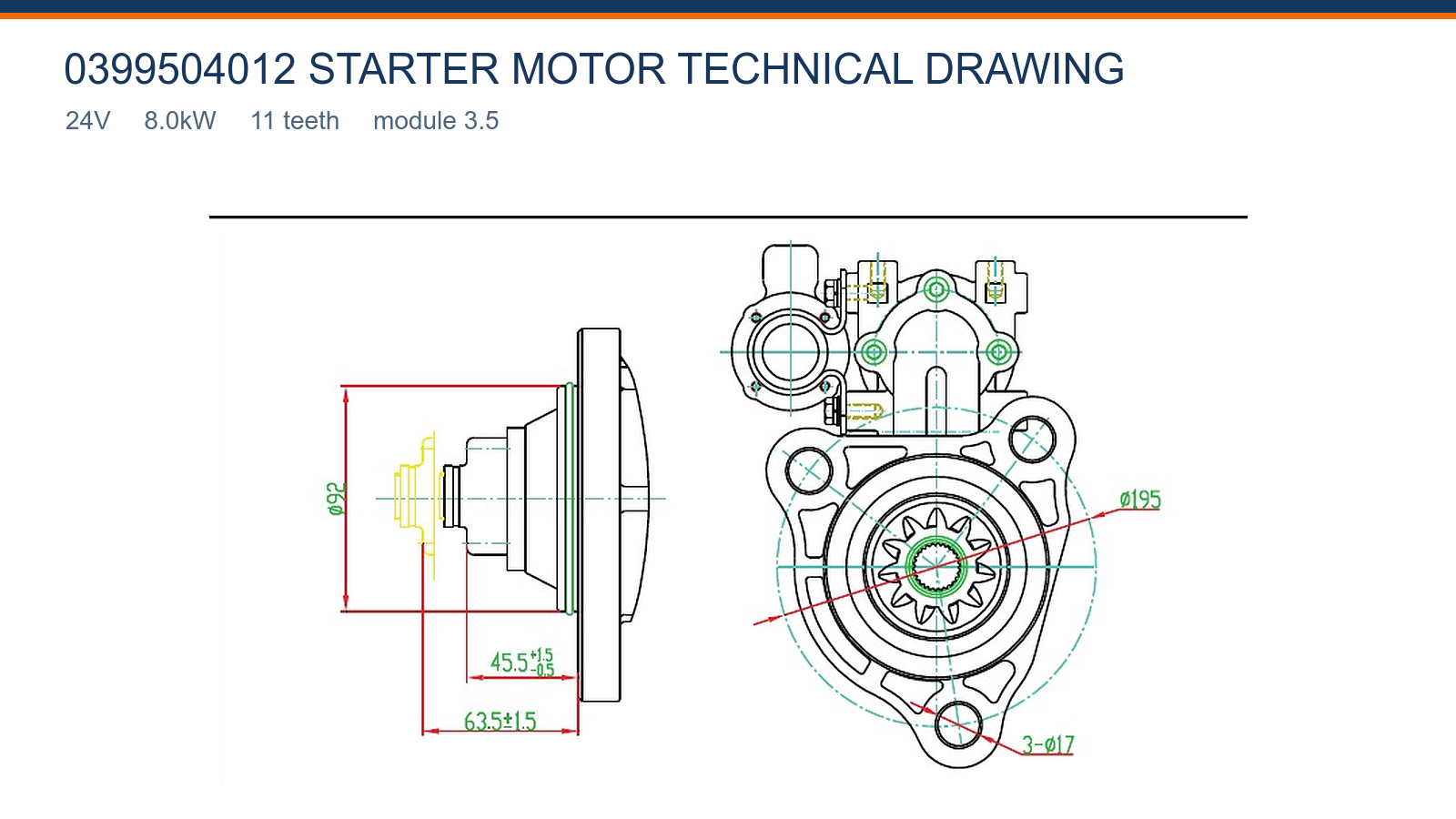0399504012 Shangchai starter motor technical drawing 24V 8.0kW 11T