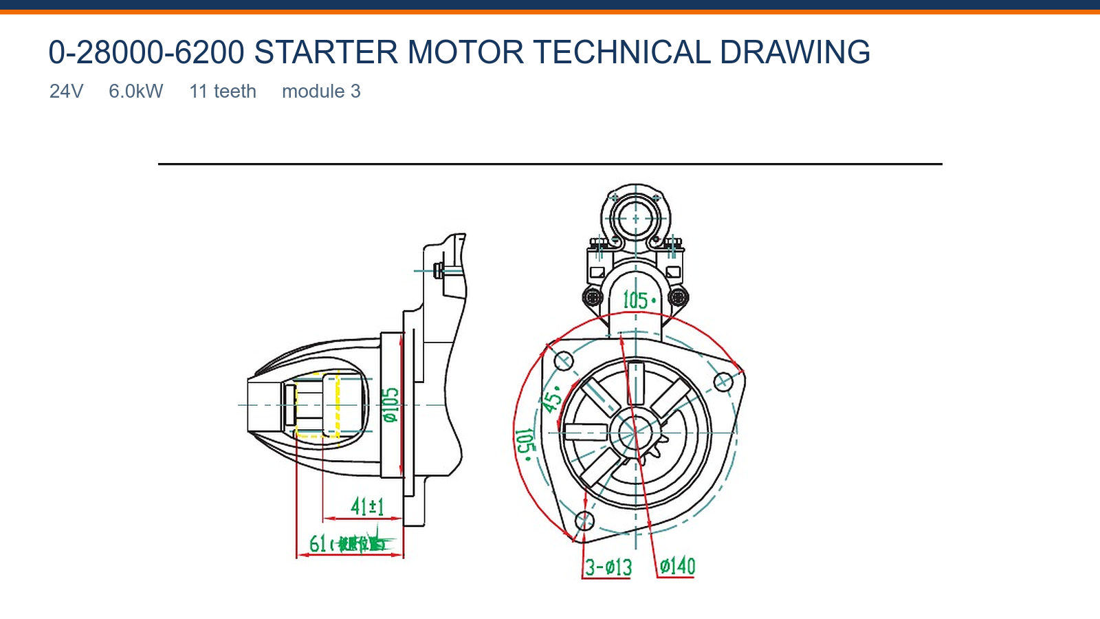 0-28000-6200 Isuzu startmotor teknisk ritning 24V 6,0kW 11T