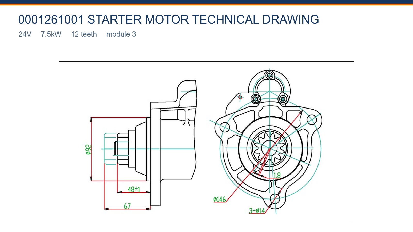 0001261001 スカニア スターター モーター技術図 24V 7.5kW 12T