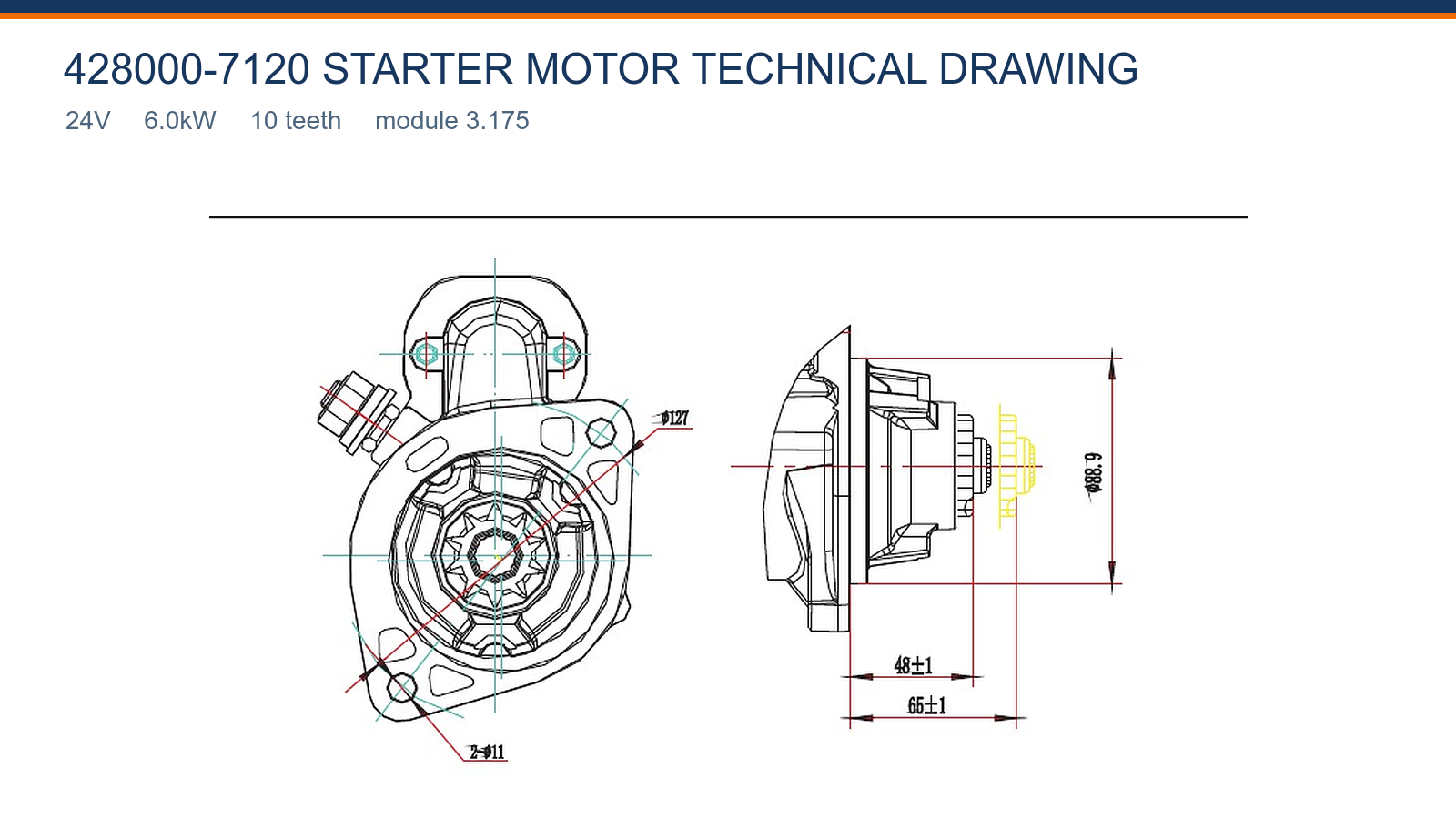 428000-7120 Gambar teknik motor starter Cummins 24V 6.0kW 10T