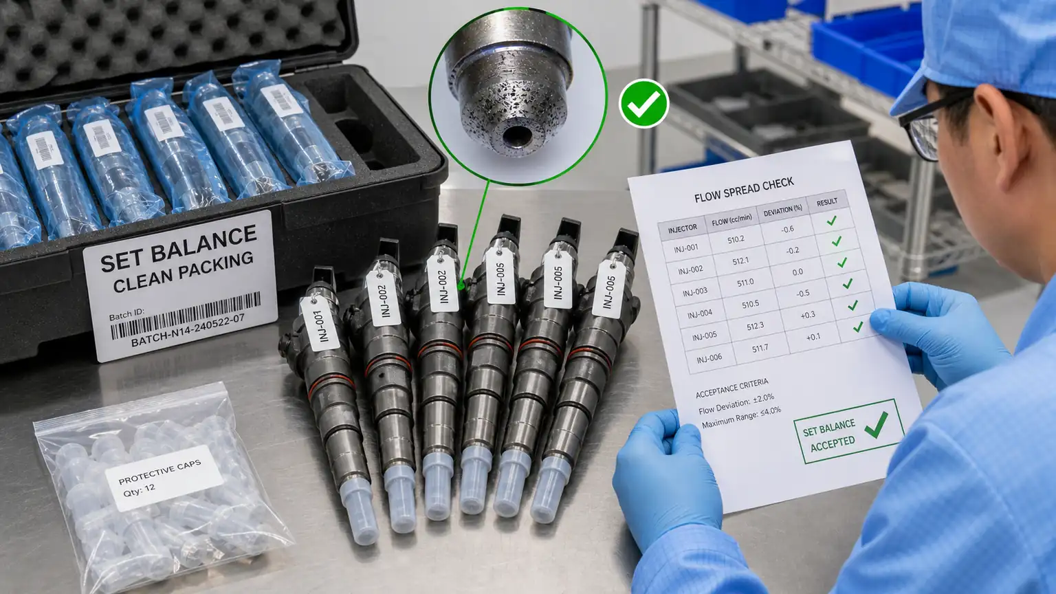 Matched injector set balance, clean protective caps, serial tags, and receiving documentation