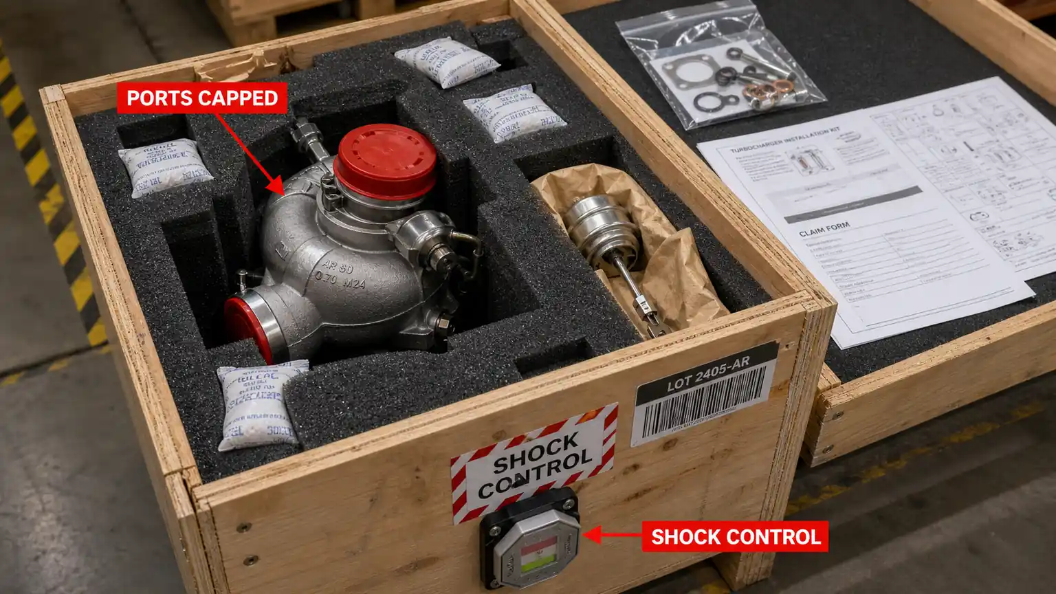 Long-distance turbocharger crate with capped ports, shock control, and traceable documents