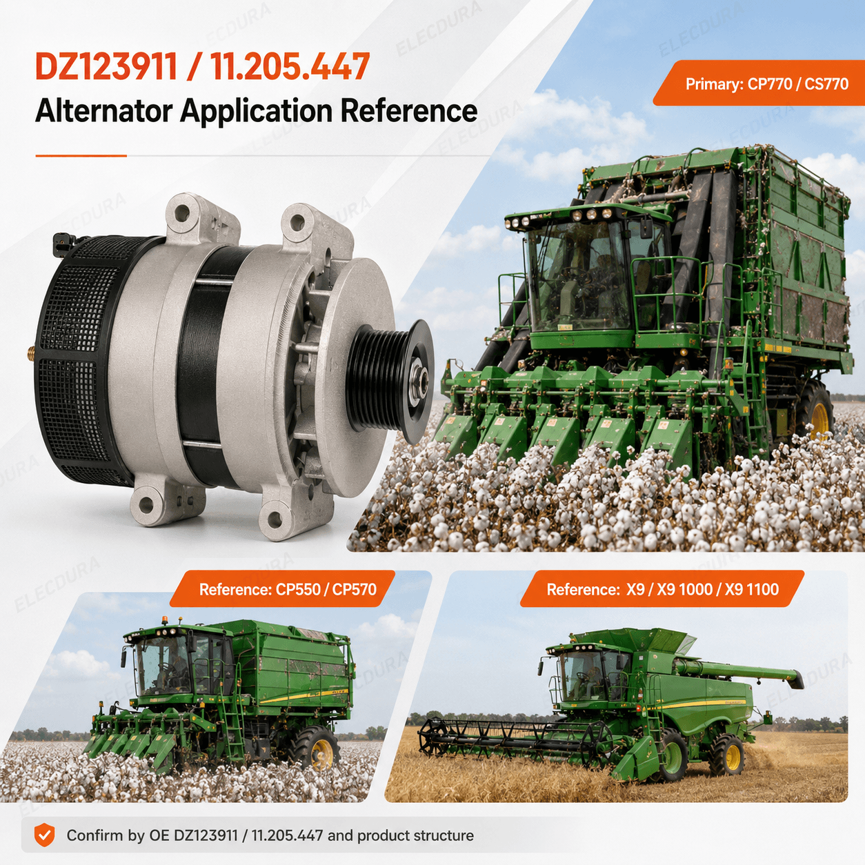 DZ123911 330A Alternator Application Reference for John Deere Cotton Harvester Buyers.png