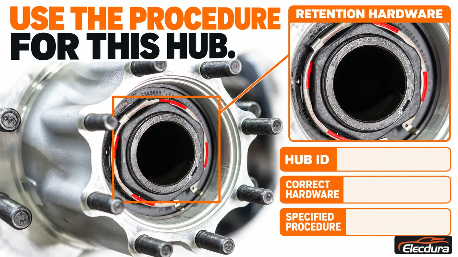 Hub retention-hardware reference with a detail and checks for hub identity, correct hardware and specified procedure.