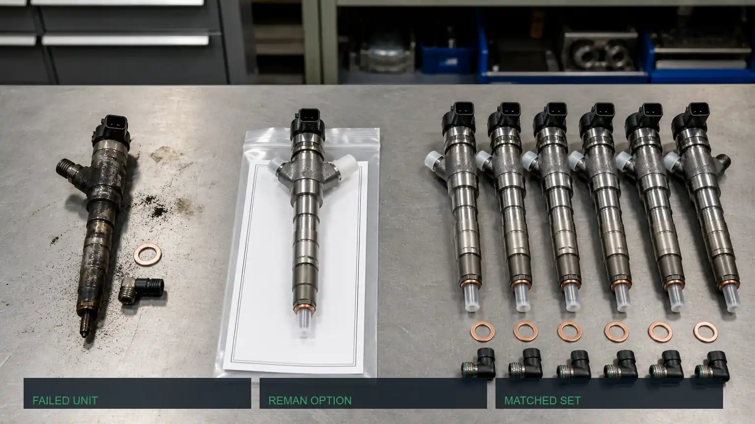 Photographic comparison of a failed diesel injector, a remanufactured unit, and a matched six-injector replacement set.