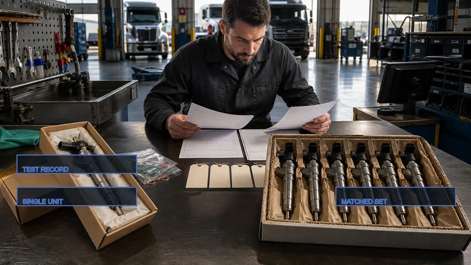 Fleet technician comparing one replacement diesel injector with a matched six-injector set and blank bench records.