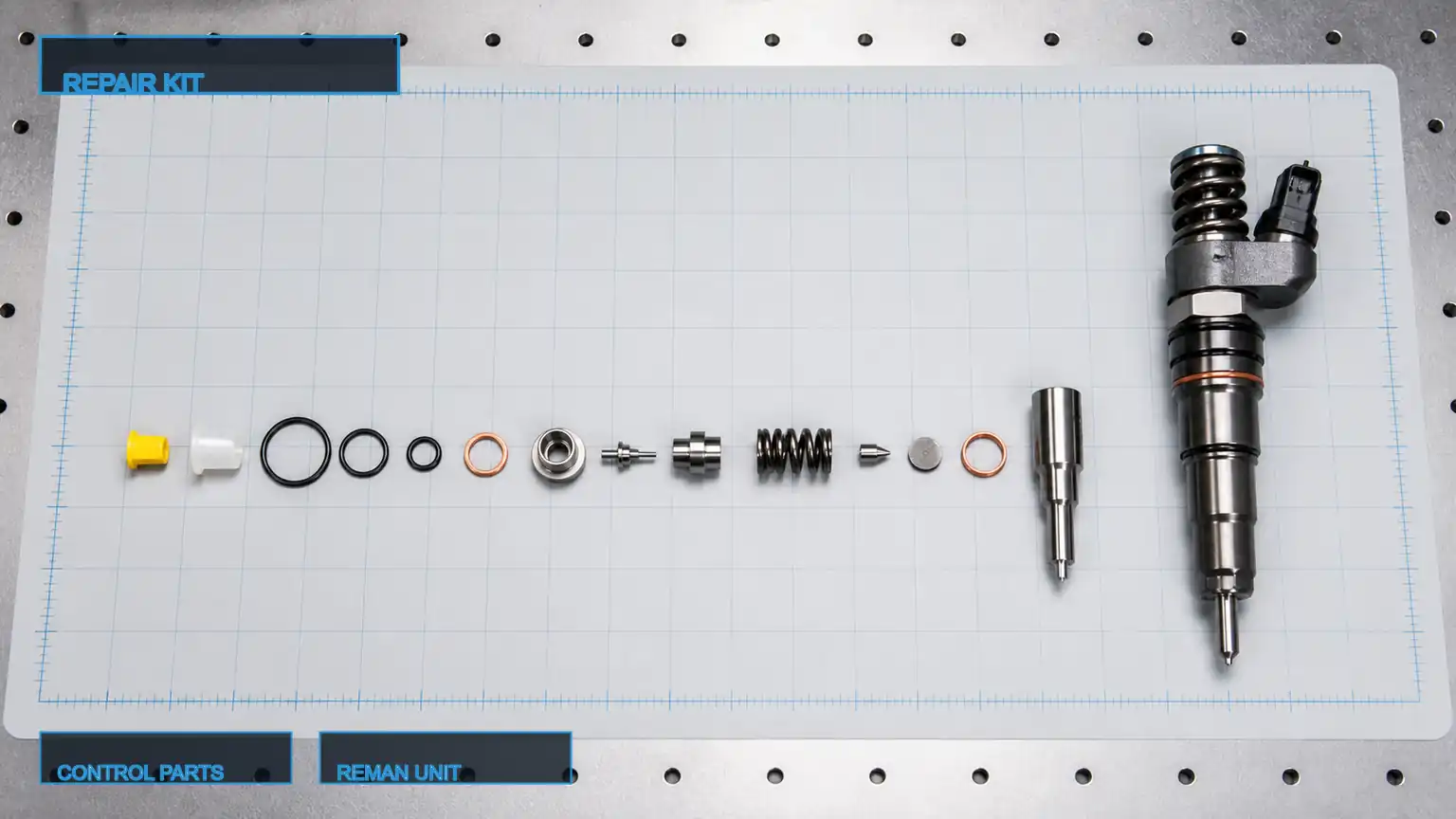 Exploded diesel injector repair-kit components aligned beside a complete remanufactured heavy-duty injector.