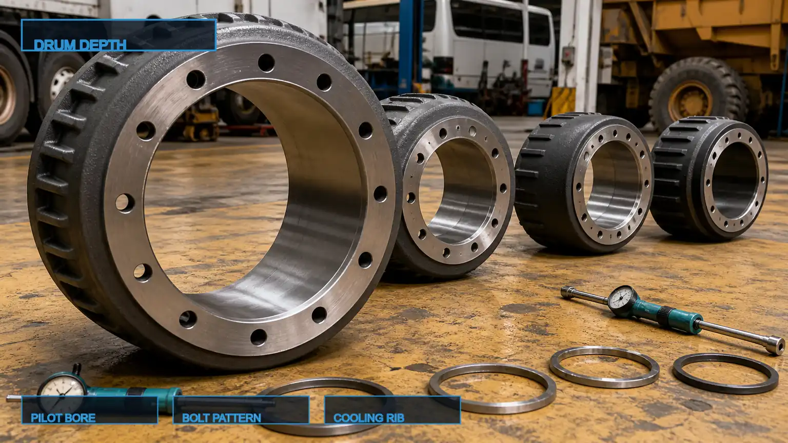 Four heavy-duty brake drum configurations compared by depth, pilot bore, bolt pattern, and cooling ribs for South African applications.